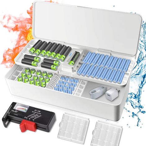 Boite Rangement Pile, Peut Contenir 115 Piles(AA AAA Pile Bouton)  Boîte de Rangement de Piles avec Testeur de Batterie et 2 Petites Boîtes à Piles, Piles Non Incluses (1/5)