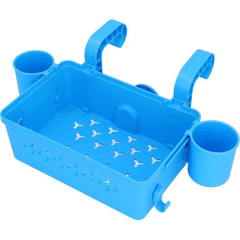 Panier de rangement suspendu pour piscine avec porte-gobelet, en plastique épais, supportant jusqu'à 10 kg (22 lb), pour lunettes de natation, serviettes et téléphones (bleu). (1/5)