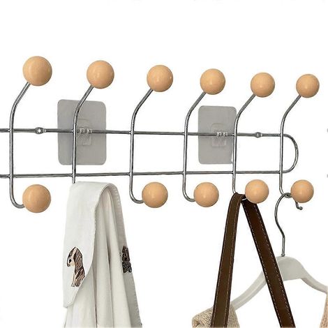 Porte-manteau mural gain de place avec 6 crochets pour vêtements et serviettes, installation sans perçage, couleur bois (1/5)