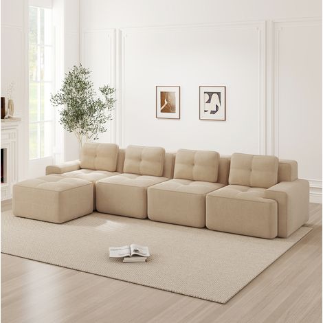 REDOM - Canapé modulaire 4 places, assise profonde, confort nuage, base antidérapante, corduroy beige (1/5)