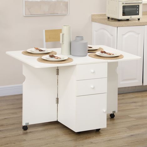 Table Manger Pliante Ailes Pliantes Roues Tiroirs Petite Cuisine Style Moderne Mobilier Intérieur Blanc 120x80x75cm