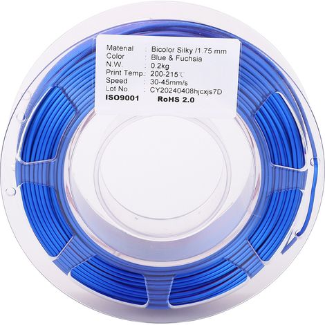 Filament PLA bicolore bleu et rouge violacé, 1,75 mm, 200 g, aspect soyeux, pour imprimante 3D (1/5)