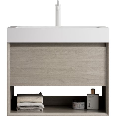 Mueble de baño suspendido 70 cm con lavabo de resina blanco y efecto roble claro (1/5)