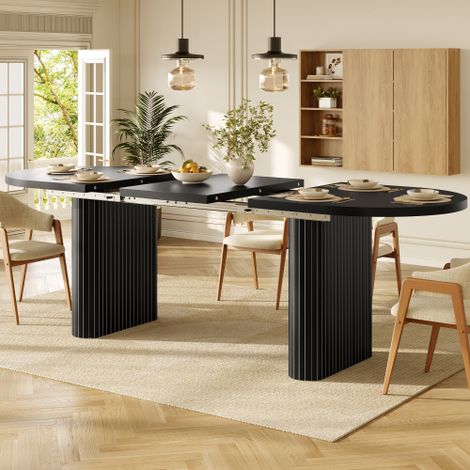 Table de salle à manger extensible (120–160 cm), table ovale en bois au design à lattes verticales, supportant une charge allant jusqu'à 60 kg disponible en trois coloris : bois naturel, marron et no (1/5)