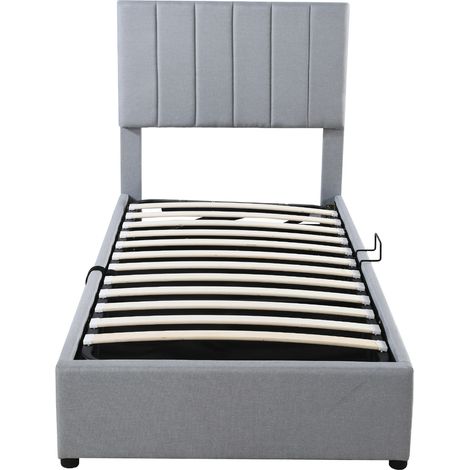 Cama infantil tapizada 90x200 cm con almacenaje hidráulico, lino gris, HOMVRA (1/5)