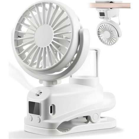 Ventilador de mano con clip y pantalla LED, mini ventilador portátil recargable, 4 velocidades, ventilador USB, accesorio de viaje para exteriores/oficina/camping, blanco (1/2)