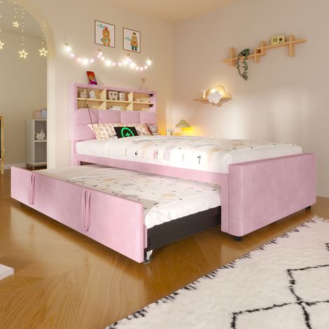 Lit Banquette Extensible 90x200 à 180x200 cm avec USB-A/USB-C ainsi qu’une Tête de Lit Rembourrée avec Rangements Ouverts, sans Matelas, en Velours - Rose (1/5)