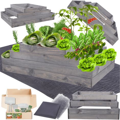 MODO24 ZP09 Carré potager surélevé en escalier modulable, bois de pin, herbes/légumes, jardin/terrasse/balcon, 36x117x90 cm, gris