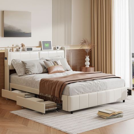 Sunfecili – Lit double 160 x 200 avec 4 tiroirs – Rembourré PU beige – Port de chargement USB intégré – Capacité de charge 300 kg (1/5)