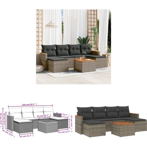 7-tlg. Garten-Sofagarnitur mit Kissen Grau Poly Rattan - Gartenmöbel Set - PE-Rattan Möbel - Outdoor Sofa - Esstisch - Lounge Gruppe - Home & Living (1/3)