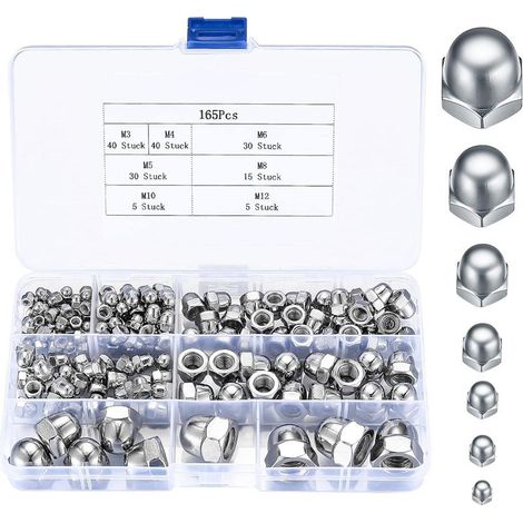 165 Pièces Écrous Borgnes en Acier Inoxydable, Écrous Blocages Hexagonaux à Tête Kit, M3/M4/M5/M6/M8/M10/M12 Assortiment d'écrous Tête Hexagonaux (1/5)