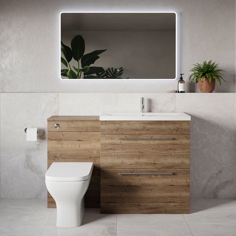 Napoli 390 Tobacco Oak 1300mm 2 Drawer Vanity Unit Toilet Suite with Glide Basin - 1300mm - Chrome 480mm HandleWith Kingston Toilet Pan and Seat
