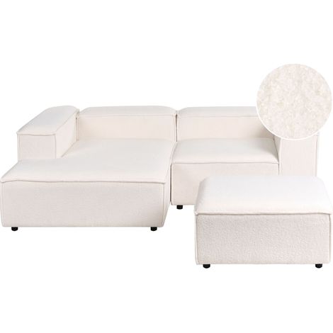 Canapé d'Angle à Droite avec Pouf Repose-Pieds Moderne 3 Places Modulable Pieds Noirs Bouclé Blanc Ardal (1/5)