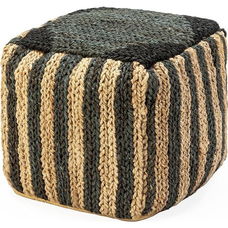 Pouf tressé naturel et noir esprit artisanal pour salon cosy - Naturel rayé noir artisanal