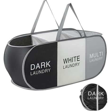 Panier à linge pliable à 3 compartiments, grand panier à linge sale escamotable de 99 L avec poignées, bac de rangement pour vêtements, jouets, buanderie, salle de bain, voyage (1/4)