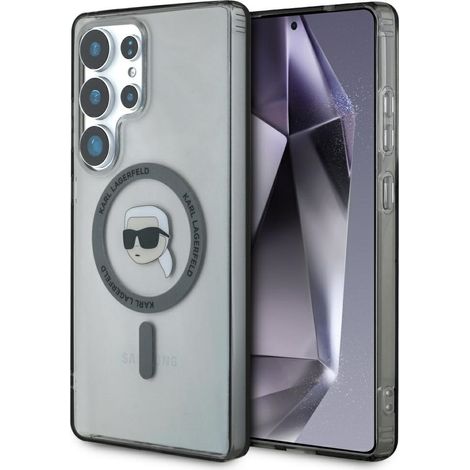 Coque MagSafe pour Samsung Galaxy S25 Ultra noire avec bouton Karl Lagerfeld et logo imprimé Karl Lagerfeld (tête de Karl). (1/5)