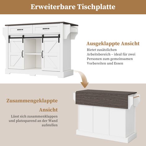Îlot de cuisine blanc style grange, plan rabattable, chariot mobile sur roulettes, armoire à 2 portes coulissantes + 2 tiroirs, meuble de rangement, 120×45(70)×91 cm