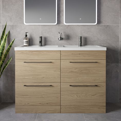 Napoli 390 Light Oak 1200mm 4 Drawer Vanity Unit with Double Lucia Basins - 1200mm - Gunmetal Grey 320mm Handle