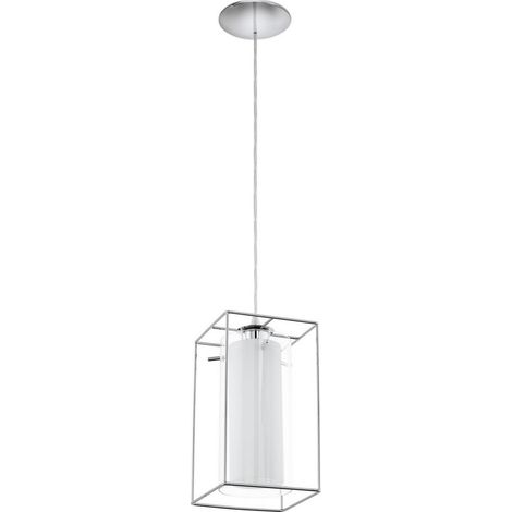 Lámpara colgante Eglo Loncino 1 60W Forma Cúbica 110×15 cm. Salón y comedor. Estilo moderno, diseño y cool. Acero, Vidrio y Vidrio satinado. Color blanco, cromado y plata (1/2)