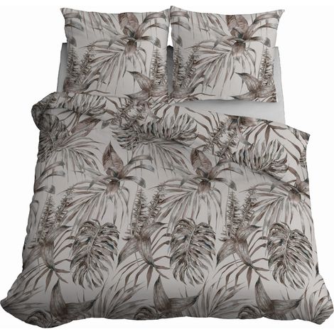 Linge de lit en satin 160x200 cm, motif feuilles beige cendré (1/5)