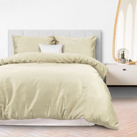 Linge de lit en coton 180x200, tissage satiné naturel, couleur crème lisse (1/4)