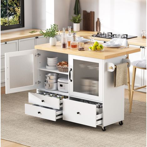 Îlot de cuisine 100 cm avec plateau extensible, blanc/naturel, rangements et roulettes (1/5)