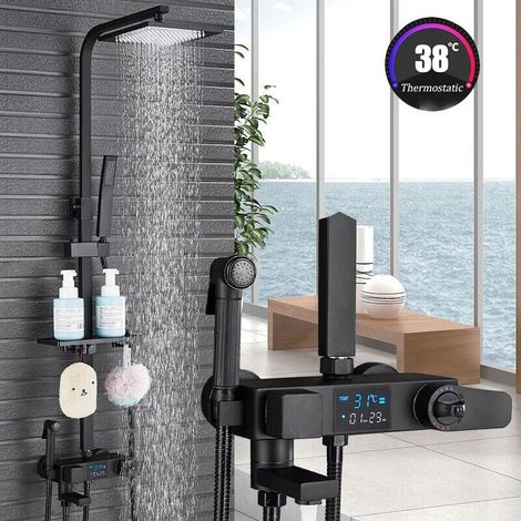 Colonne de Douche Thermostatique noir laiton Système de Douche Montage Mural Ensemble de Douche avec 20cm 20cm Tête de Douche, étagère, Douchette à Mains, Robinet de Baignoire, Bidet Pulvérisateur,LC (1/5)