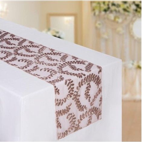Chemin de table pailleté - Motif feuilles argentées - Or rose brillant - Dimensions 30x280 cm - Sequins haute densité (1/5)