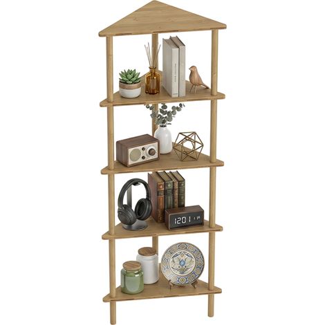Étagère d'angle en bambou naturel, 5 étagères de rangement pour salle de bain et salon, meuble colonne en bois écologique, finition naturelle (1/5)