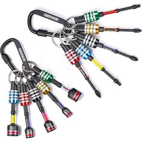 2 Pack 1/4" Hex Shank Bit Holder Key Ring with Impact Driver Bits and Nut Driver, Quick Change Aluminum Alloy Bit Organizer with (1/5)