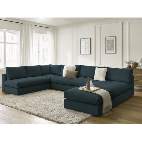 BOBOCHIC - Canapé d'angle modulable PARIS velours côtelé avec 3 chauffeuses, 1 méridienne, 1 angle, et 1 pouf   Bleu foncé (1/5)