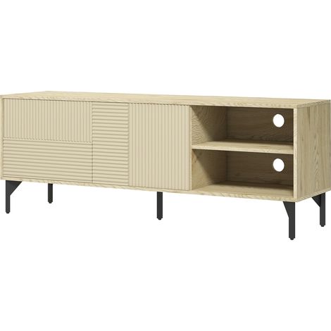 Meuble TV 65 places 2 niches 2 passe-câbles 2 portes piètement acier jaune noir 150 x 40 x 56 cm