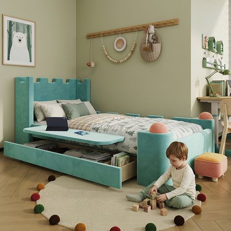 Lit enfant 90 x 200 cm, lit château rembourré avec tablette latérale rabattable, tiroir de rangement, bords doux, velours bleu-vert (1/5)