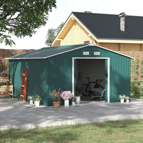 Abri de jardin 340x386x200 cm en acier galvanisé vert foncé, rangement pour jardin – MEUBLIV (1/5)