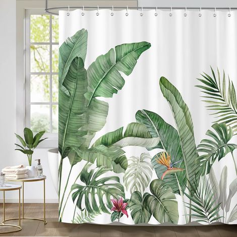 Rideau de Douche Feuilles Tropicales Vertes 180 x 180 cm, Bananier Palmier Monstera Plantes Jungle Rideaux de Baignoire Imperméable Anti-Moisissures Tissu avec 12 Crochets (1/5)