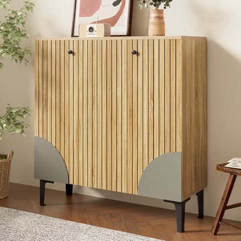 CHICFURN Zapatero 90x32x94 cm de aglomerado efecto madera claro, 3 puertas, ahorra espacio (1/5)