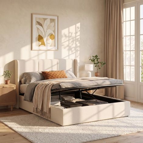 Cama 160x200 cm, con arcón y somier de lamas, cama de 2 plazas, cama arcón 160x200 cm, tejido de lino, beige. (1/5)