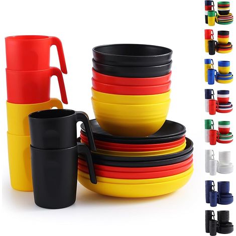 24-teiliges Kunststoffgeschirr-Set für 6 Personen, verschiedene Farben. Das Set enthält wiederverwendbare Teller und Schüsseln, darunter Speiseteller, Dessertteller, Müslischalen und Becher für Zuhaus (1/5)