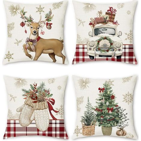 Housse de Coussin Noël Hiver Renne Gants Sapins de Noël Camion Rouge Plaids 45 x 45 cm Décoratif Taie d'oreiller pour Canapé Salon Chambre Jardin Maison Décoration 4 Pièces (1/5)