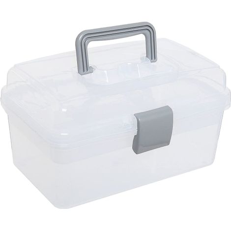 Boîte de rangement portable grise transparente - Coffret de rangement polyvalent en plastique pour couture, outils, trousse de secours et fournitures, avec poignée et compartiments amovibles (1/5)