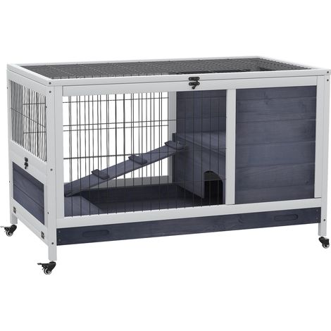 Cage pour lapin et cochon d'Inde avec 4 roues, maisonnette, rampe et bac amovible, en bois naturel, gris et blanc, 90 x 53 x 59 cm (1/5)