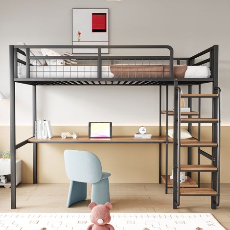 DESMIU Lit mezzanine 90 × 200 cm 1 place avec bureau, étagères et échelle de sécurité, sans matelas, noir (1/5)