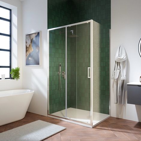 Box Doccia 110x90 cm con Apertura Scorrevole e Parete Fissa Profili in Alluminio Ultraslim Vetro 6mm Trasparente con Trattamento Easy-clean - Reversibile h195 Mod. Aruba (1/5)