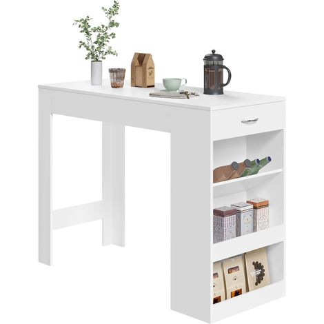 WOLTU Mesa de bar blanca, 90 x 50 x 120 cm con 1 cajón y 3 estantes