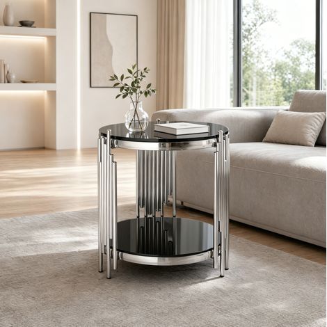 Table basse ronde en verre trempé noir à deux niveaux, structure en acier inoxydable argenté, design moderne pour salon, facile à monter et à nettoyer - CHICFURN (1/5)