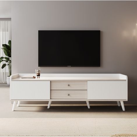 TV-Schrank Mit 2 Schubladen, 2 Schiebetüren, Exquisiter Struktur, Weiß Und Naturholz, h58/l160/t40 cm (1/5)