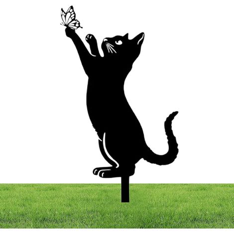 Bonita estatua de gato de metal para jardín, 26/30 cm, estaca de gato negro de hierro, adorno de metal para jardín, estatua hueca de animales, adorno para césped al aire libre - B (1/5)