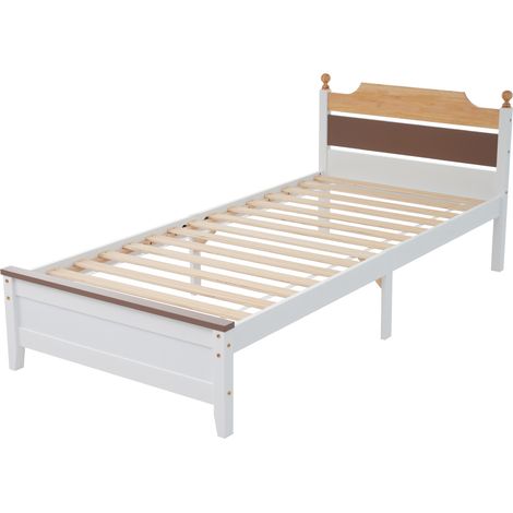 Lit simple, lit en bois, cadre en pin avec pied central, lit pour jeune et adulte, tête et pied de lit en MDF, design bicolore, blanc, 90x200 cm (1/5)