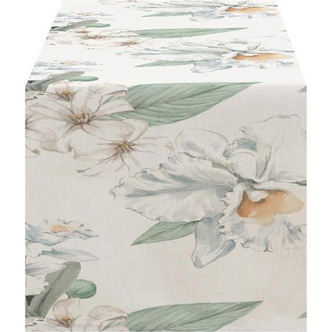 Chemin de table en lin blanc imprimé de fleurs, d'oiseaux et de feuilles vertes, idéal pour la décoration de table à la maison, pour les fêtes et les repas (30 x 120 cm). (1/5)