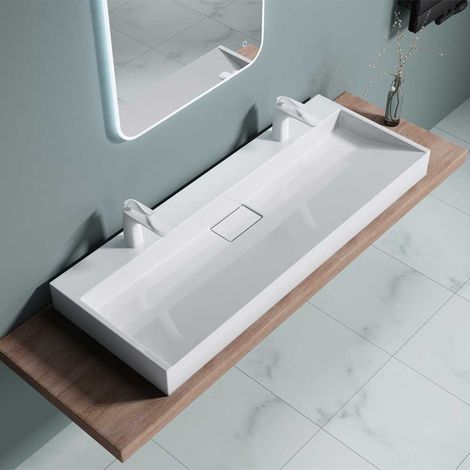Bathroom Cloakroom 1200 x 460mm (WxD) Cast Stone Resin Bathroom Basin - Wall Hung Or Countertop basin Sink Two Tap Hole - Concealed Waste - Durovin Bathrooms